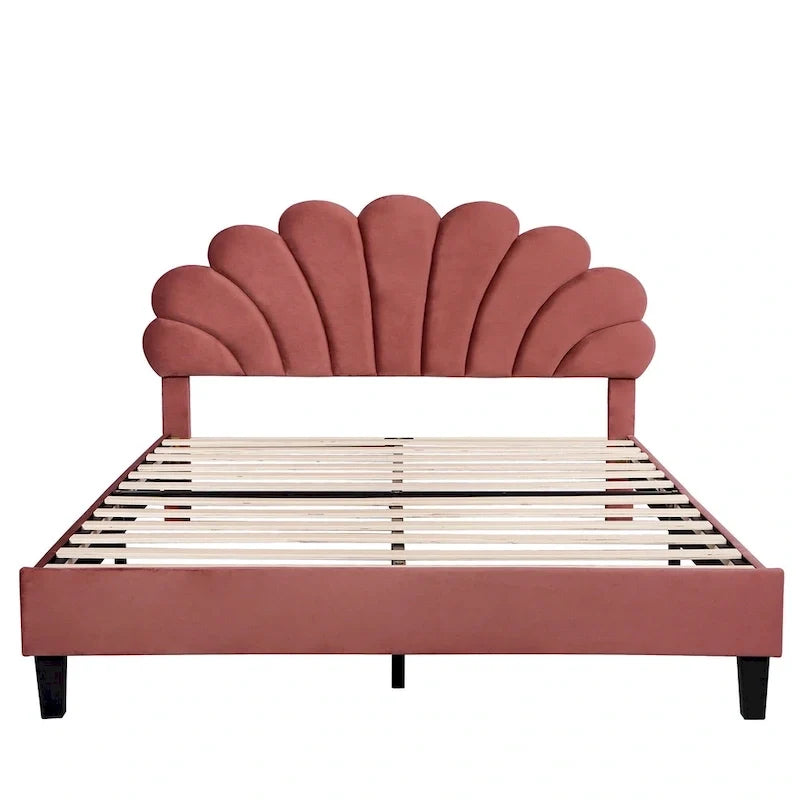 Lit plateforme capitonné grand lit (Queen Size) en velours rouge avec tête de lit à motif floral, aucun sommier tapissier requis