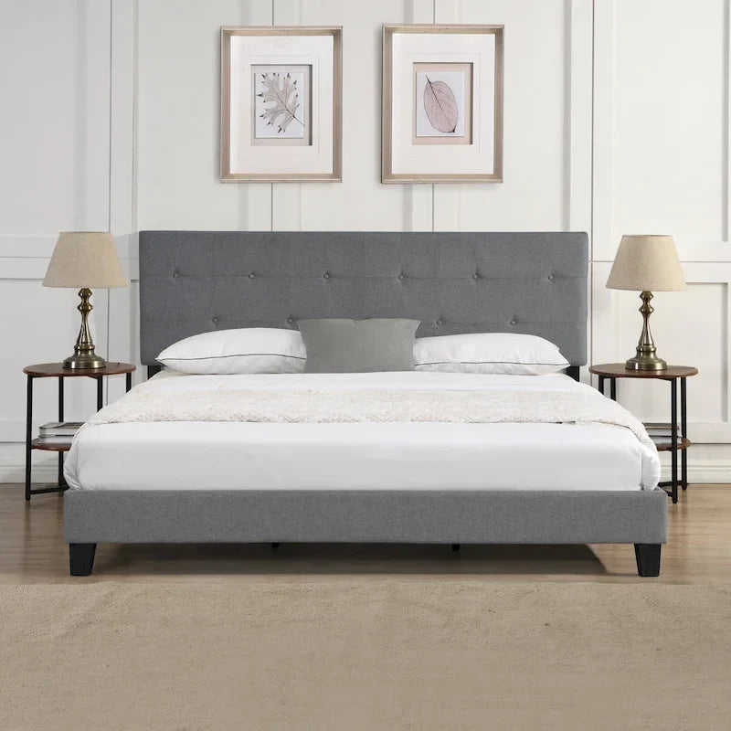 Letto king in lino grigio con testiera trapuntata