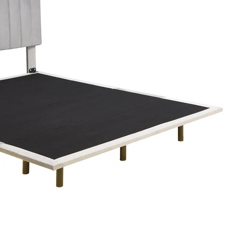 Letto matrimoniale imbottito in velluto grigio con luce a sensore, design a piattaforma flottante e testiera