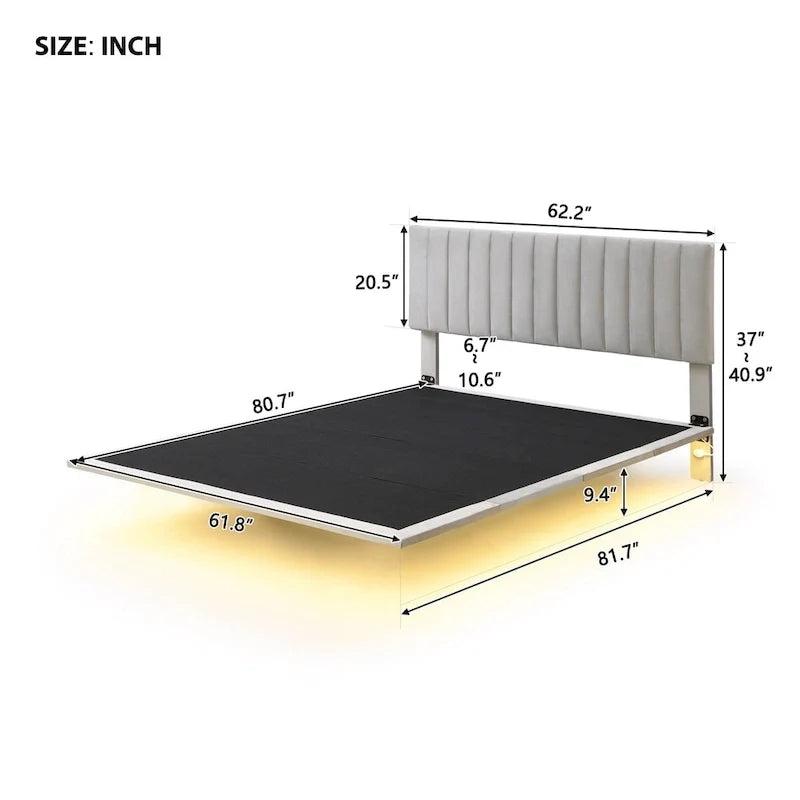 Letto matrimoniale imbottito in velluto grigio con luce a sensore, design a piattaforma flottante e testiera