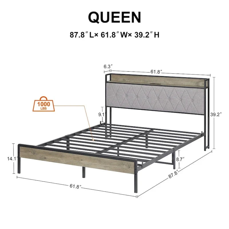 Lit double queen gris avec station de recharge