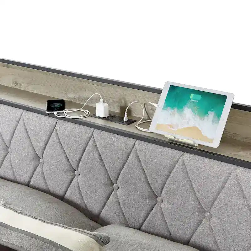 Lit double queen gris avec station de recharge