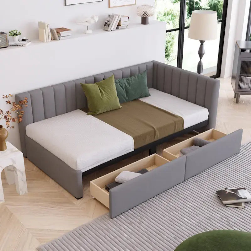 Daybed imbottito in lino grigio con 2 cassetti portaoggetti, telaio letto divano singolo, nessuna molla necessaria
