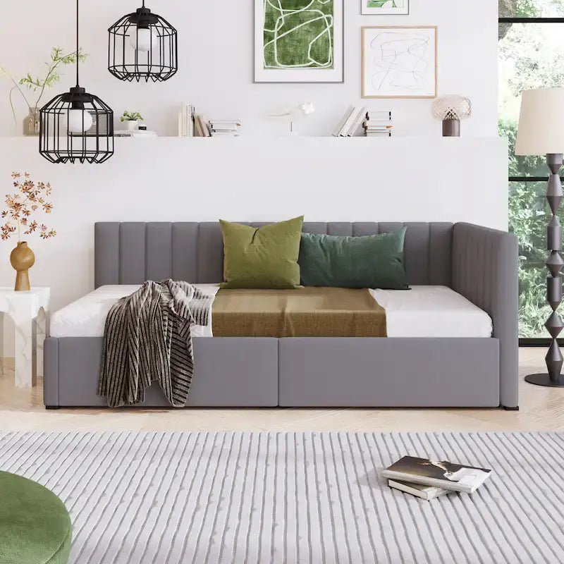 Daybed imbottito in lino grigio con 2 cassetti portaoggetti, telaio letto divano singolo, nessuna molla necessaria
