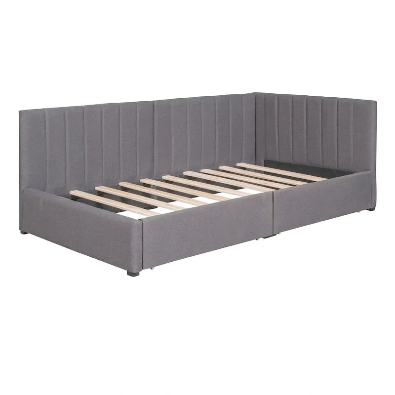 Daybed imbottito in lino grigio con 2 cassetti portaoggetti, telaio letto divano singolo, nessuna molla necessaria