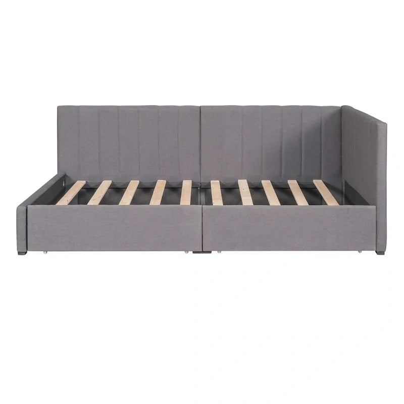 Daybed imbottito in lino grigio con 2 cassetti portaoggetti, telaio letto divano singolo, nessuna molla necessaria