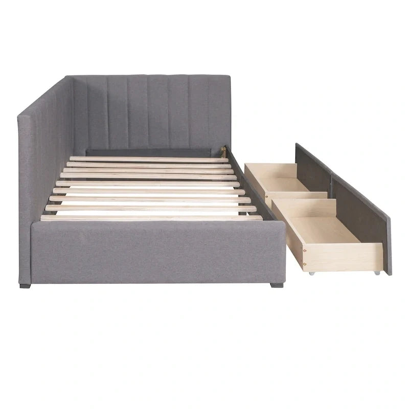 Daybed imbottito in lino grigio con 2 cassetti portaoggetti, telaio letto divano singolo, nessuna molla necessaria