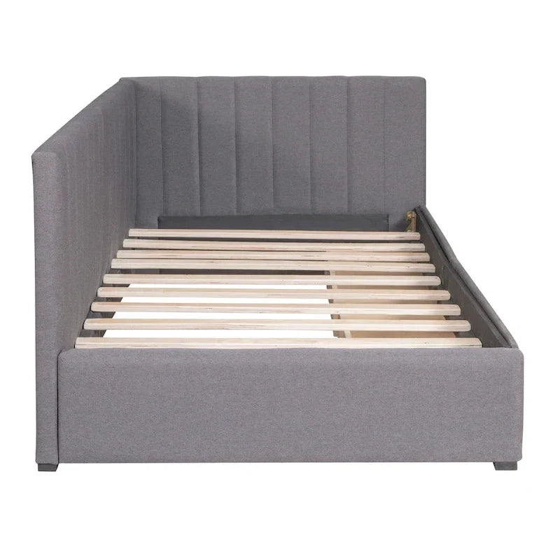 Daybed imbottito in lino grigio con 2 cassetti portaoggetti, telaio letto divano singolo, nessuna molla necessaria