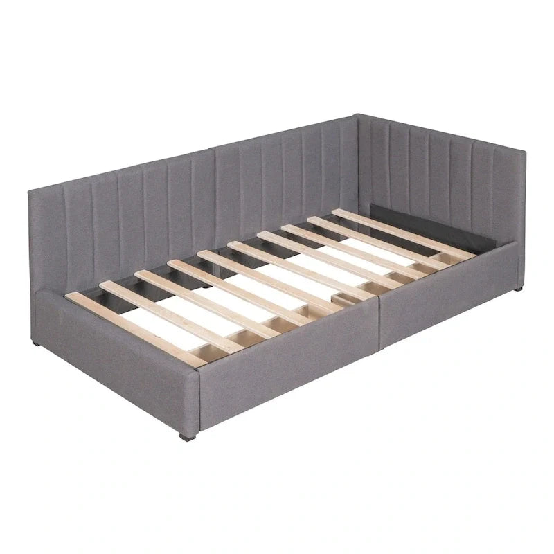 Daybed imbottito in lino grigio con 2 cassetti portaoggetti, telaio letto divano singolo, nessuna molla necessaria