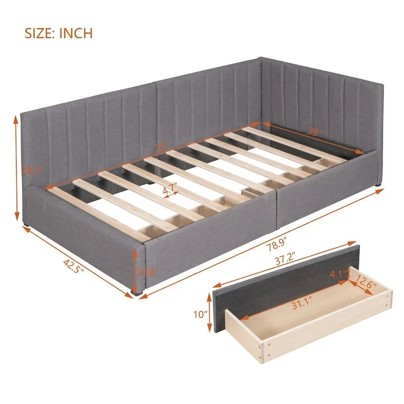 Daybed imbottito in lino grigio con 2 cassetti portaoggetti, telaio letto divano singolo, nessuna molla necessaria