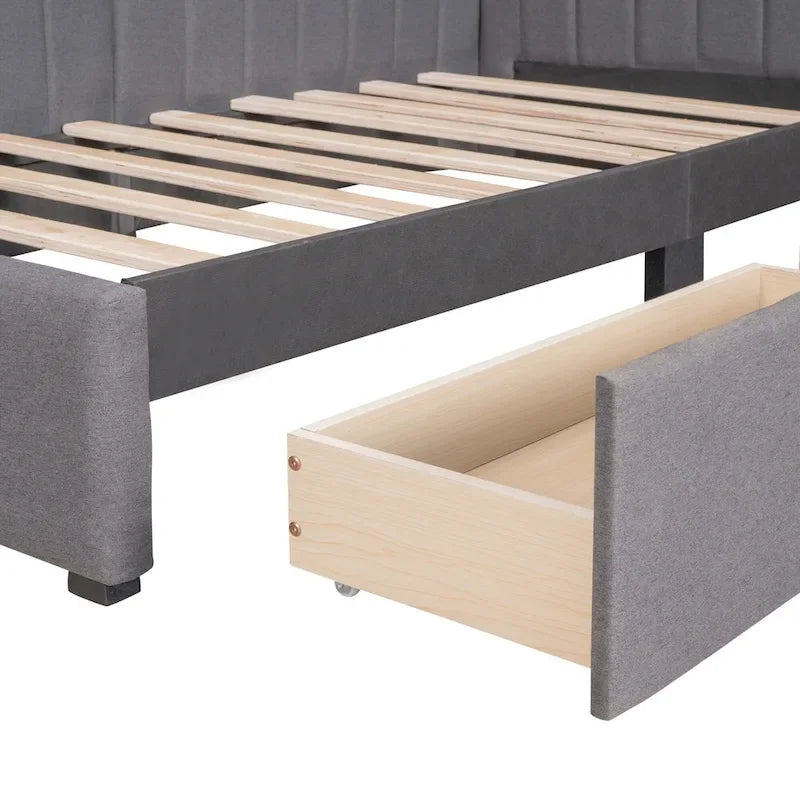 Daybed imbottito in lino grigio con 2 cassetti portaoggetti, telaio letto divano singolo, nessuna molla necessaria