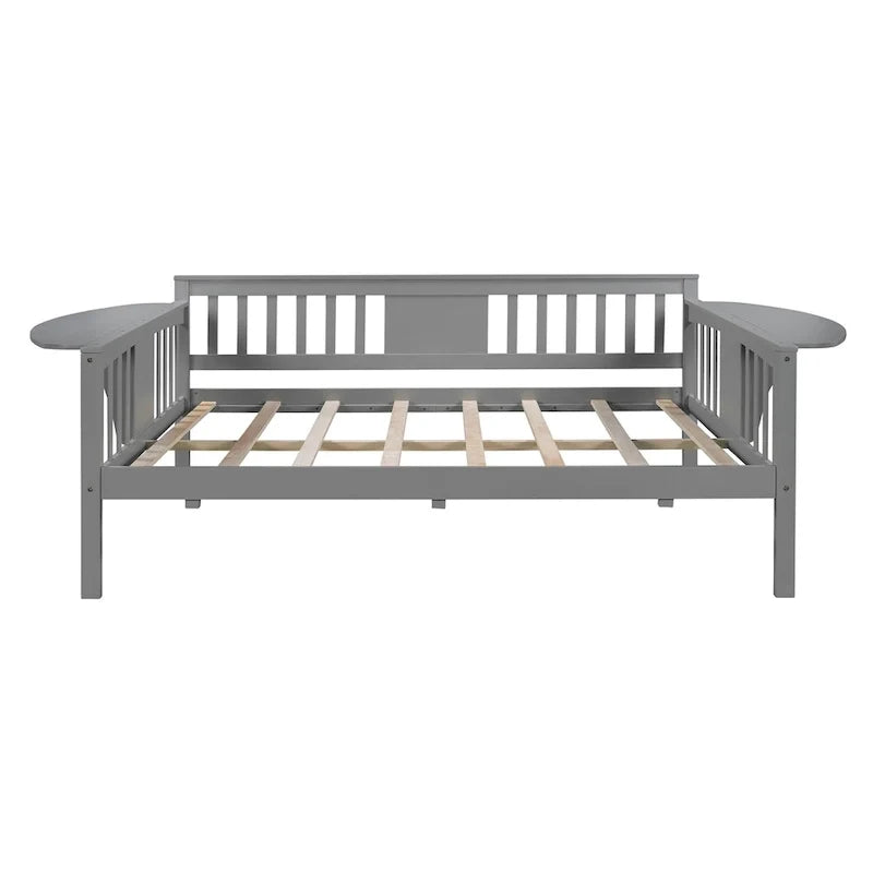 Grey Full Size Wooden Daybed with Storage Rack Handrail - No Box Spring Needed