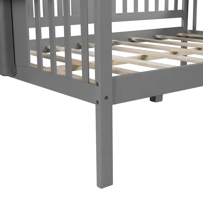 Grey Full Size Wooden Daybed with Storage Rack Handrail - No Box Spring Needed