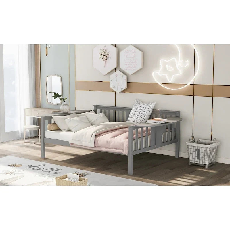 Grey Full Size Wooden Daybed with Storage Rack Handrail - No Box Spring Needed