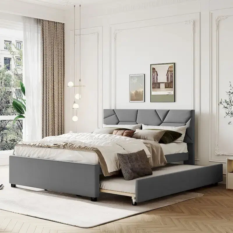 Lit plateforme capitonné gris grand lit avec tête de lit motif brique et lit gigogne double