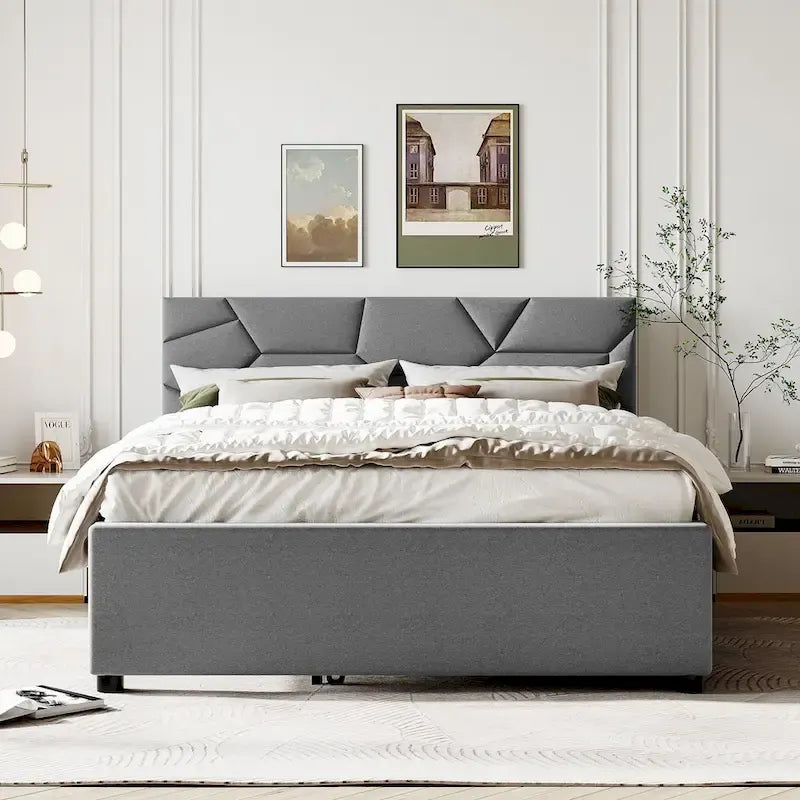 Lit plateforme capitonné gris grand lit avec tête de lit motif brique et lit gigogne double