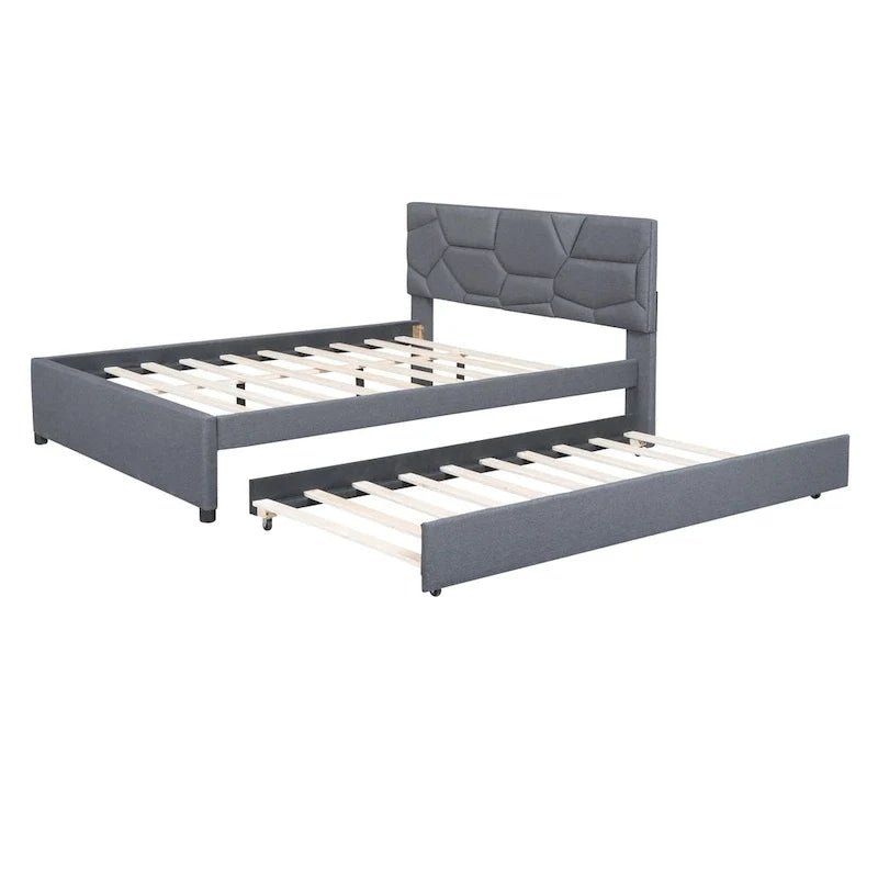 Lit plateforme capitonné gris grand lit avec tête de lit motif brique et lit gigogne double