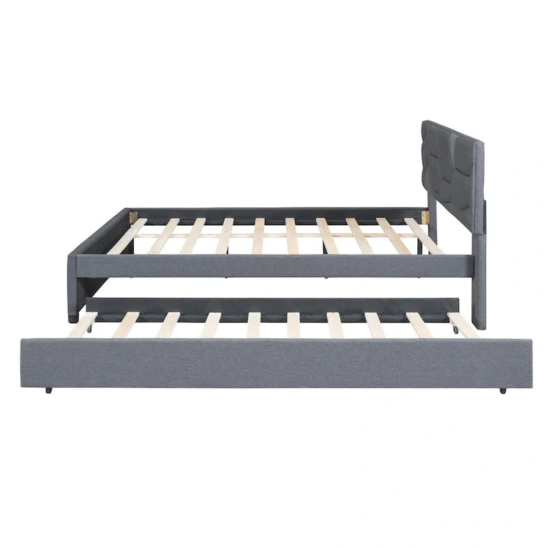Lit plateforme capitonné gris grand lit avec tête de lit motif brique et lit gigogne double