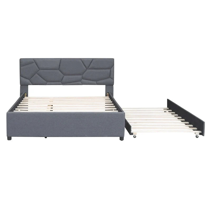 Lit plateforme capitonné gris grand lit avec tête de lit motif brique et lit gigogne double