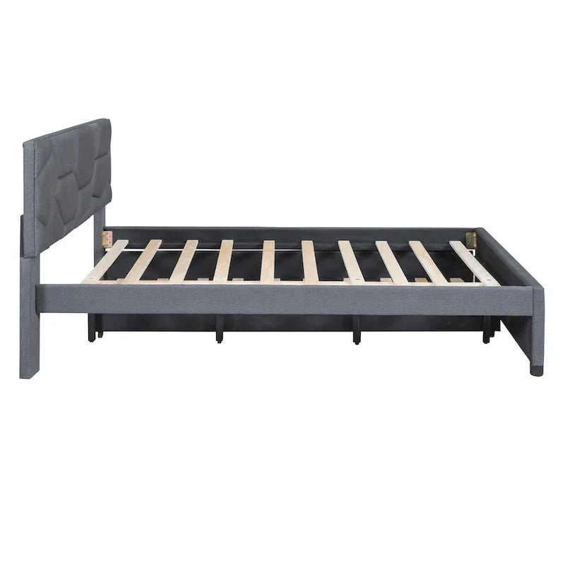 Lit plateforme capitonné gris grand lit avec tête de lit motif brique et lit gigogne double