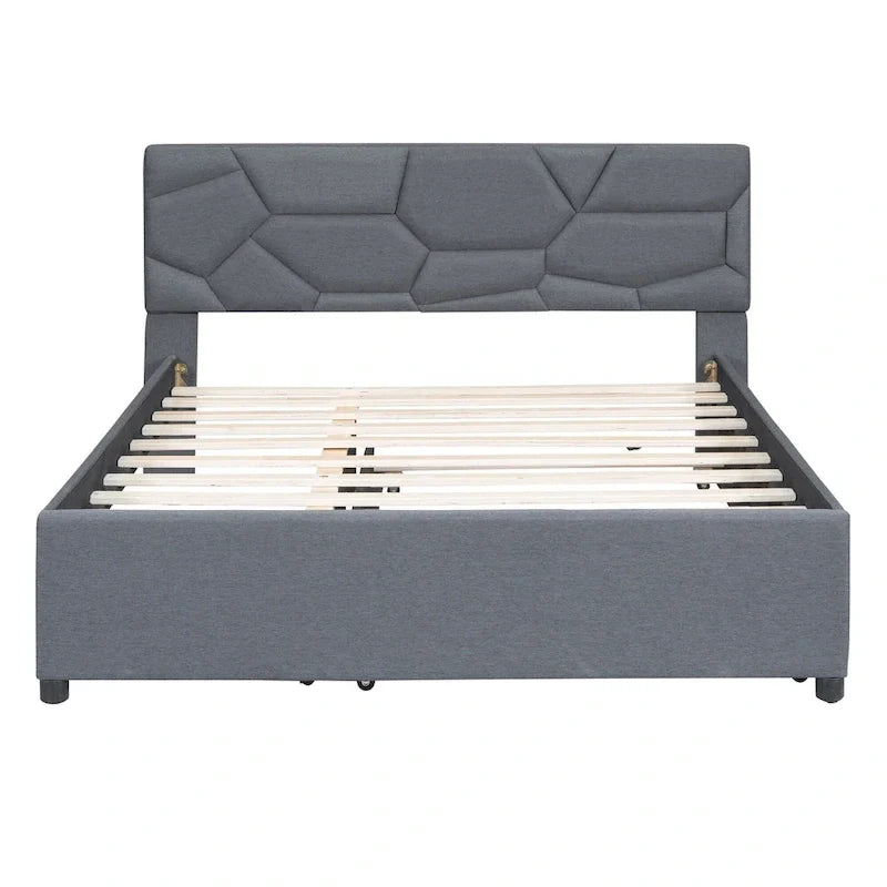 Lit plateforme capitonné gris grand lit avec tête de lit motif brique et lit gigogne double