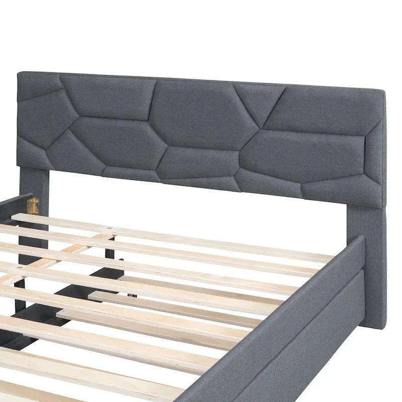 Lit plateforme capitonné gris grand lit avec tête de lit motif brique et lit gigogne double