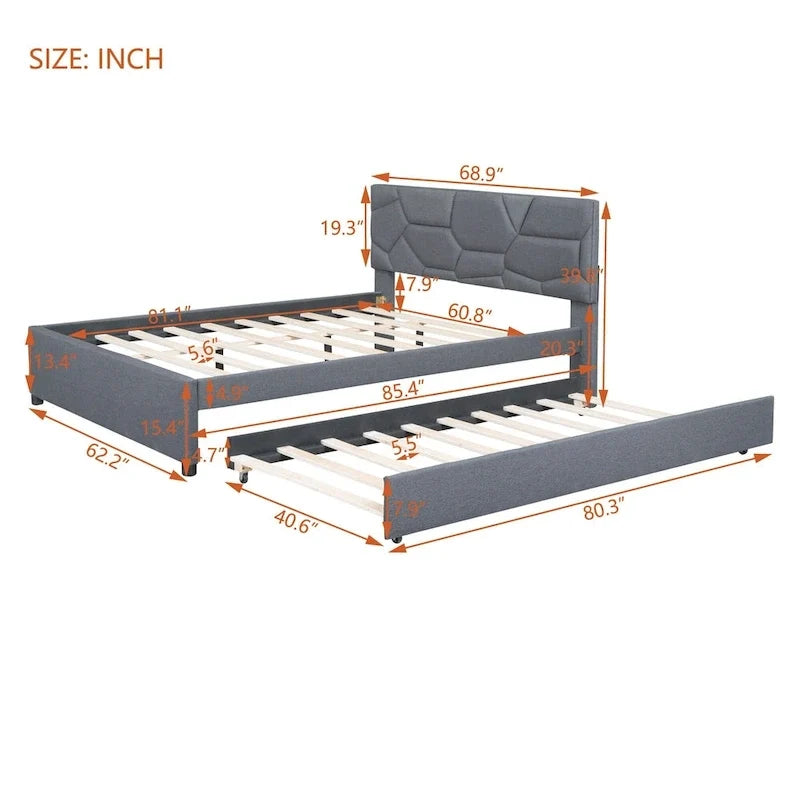 Lit plateforme capitonné gris grand lit avec tête de lit motif brique et lit gigogne double