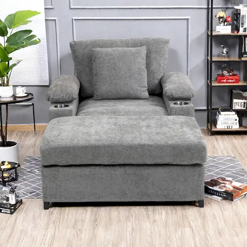 Chenille Oversized Accent Chair with Ottoman, USB Charging Ports and Convertible Sofa Bed Design