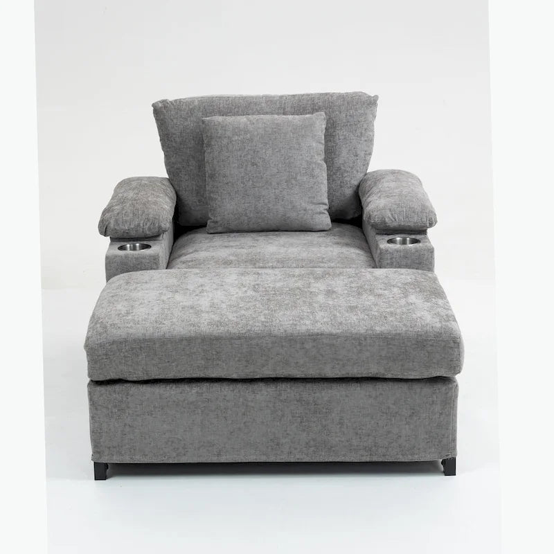 Chenille Oversized Accent Chair with Ottoman, USB Charging Ports and Convertible Sofa Bed Design