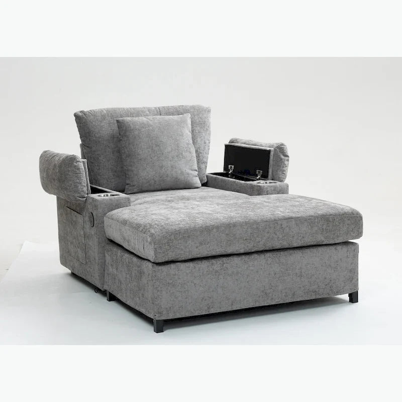 Chenille Oversized Accent Chair with Ottoman, USB Charging Ports and Convertible Sofa Bed Design