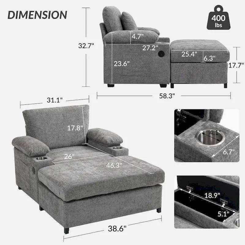 Chenille Oversized Accent Chair with Ottoman, USB Charging Ports and Convertible Sofa Bed Design