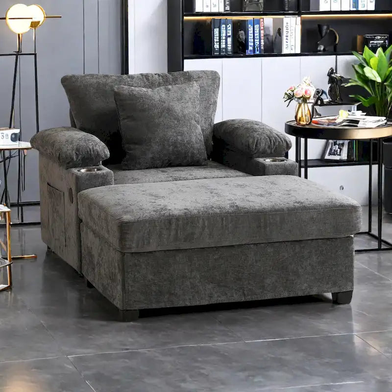 Chenille Oversized Accent Chair with Ottoman, USB Charging Ports and Convertible Sofa Bed Design