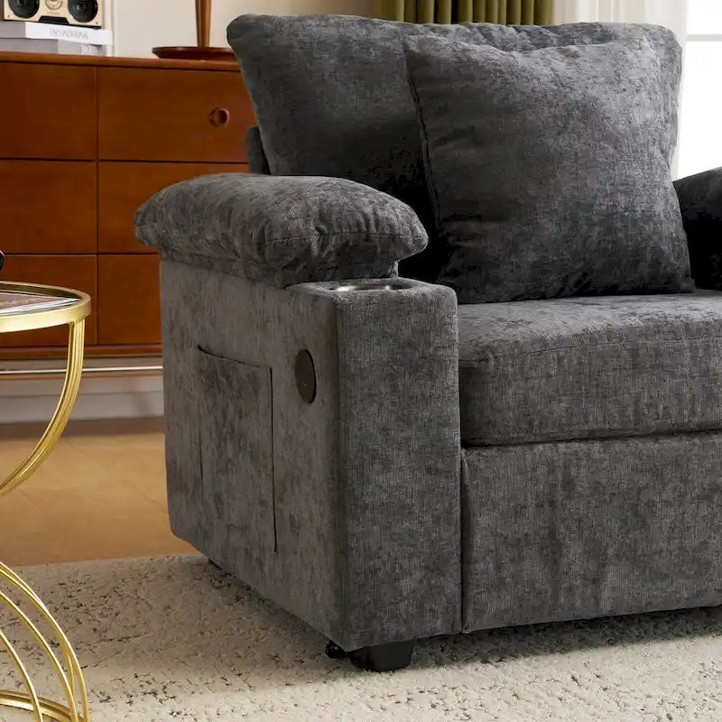 Chenille Oversized Accent Chair with Ottoman, USB Charging Ports and Convertible Sofa Bed Design