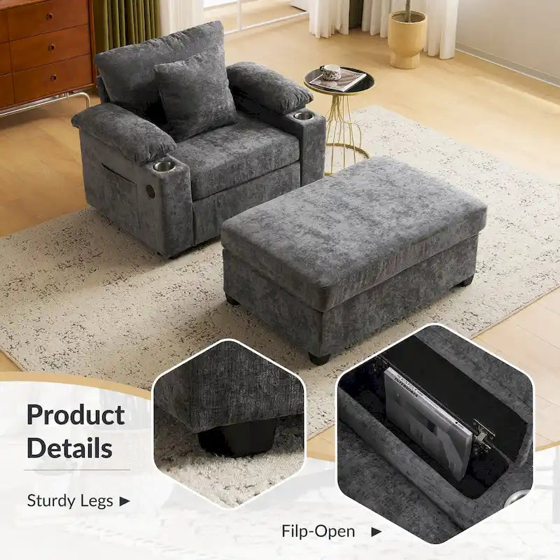 Chenille Oversized Accent Chair with Ottoman, USB Charging Ports and Convertible Sofa Bed Design