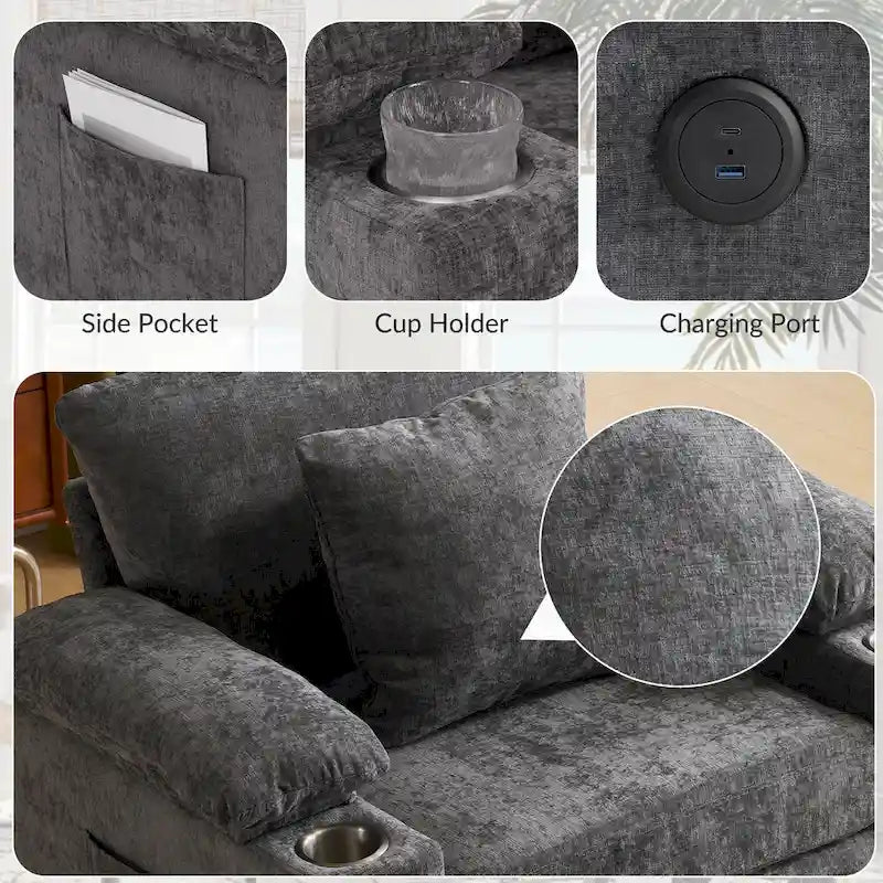 Chenille Oversized Accent Chair with Ottoman, USB Charging Ports and Convertible Sofa Bed Design