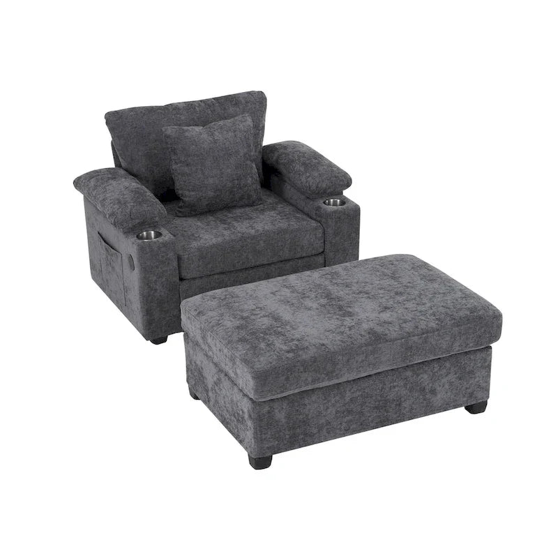 Chenille Oversized Accent Chair with Ottoman, USB Charging Ports and Convertible Sofa Bed Design