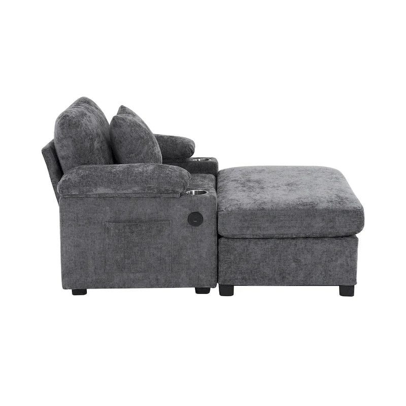 Chenille Oversized Accent Chair with Ottoman, USB Charging Ports and Convertible Sofa Bed Design