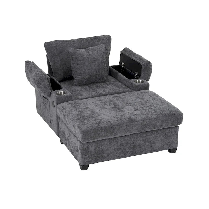 Chenille Oversized Accent Chair with Ottoman, USB Charging Ports and Convertible Sofa Bed Design