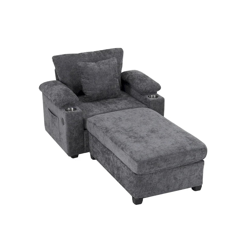Chenille Oversized Accent Chair with Ottoman, USB Charging Ports and Convertible Sofa Bed Design