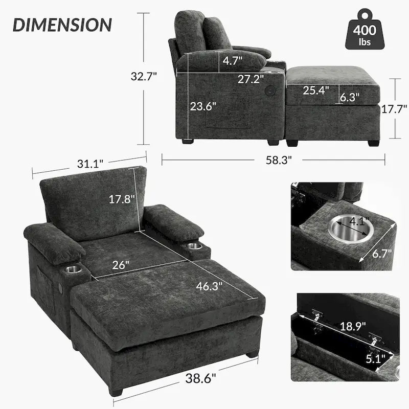 Chenille Oversized Accent Chair with Ottoman, USB Charging Ports and Convertible Sofa Bed Design
