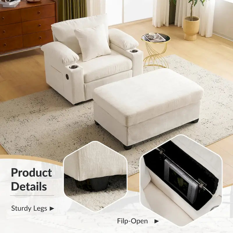 Chenille Oversized Accent Chair with Ottoman, USB Charging Ports and Convertible Sofa Bed Design