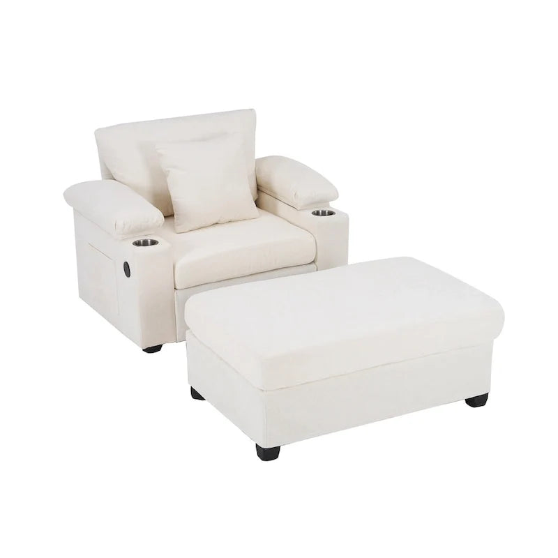 Chenille Oversized Accent Chair with Ottoman, USB Charging Ports and Convertible Sofa Bed Design