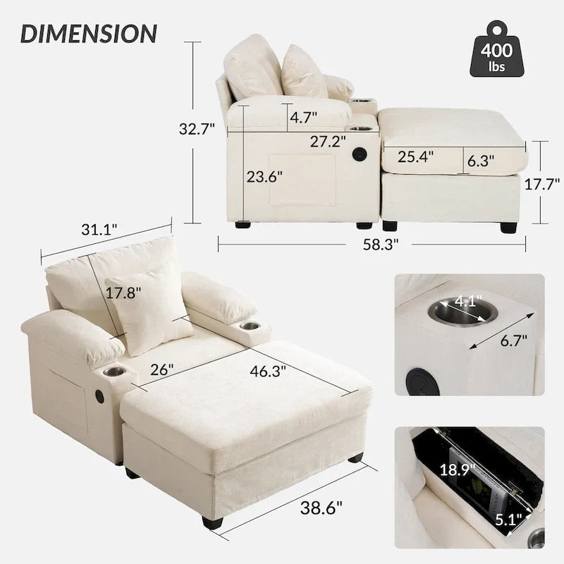Chenille Oversized Accent Chair with Ottoman, USB Charging Ports and Convertible Sofa Bed Design