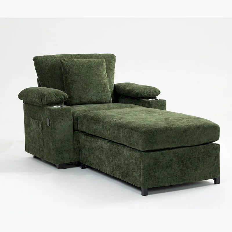 Chenille Oversized Accent Chair with Ottoman, USB Charging Ports and Convertible Sofa Bed Design