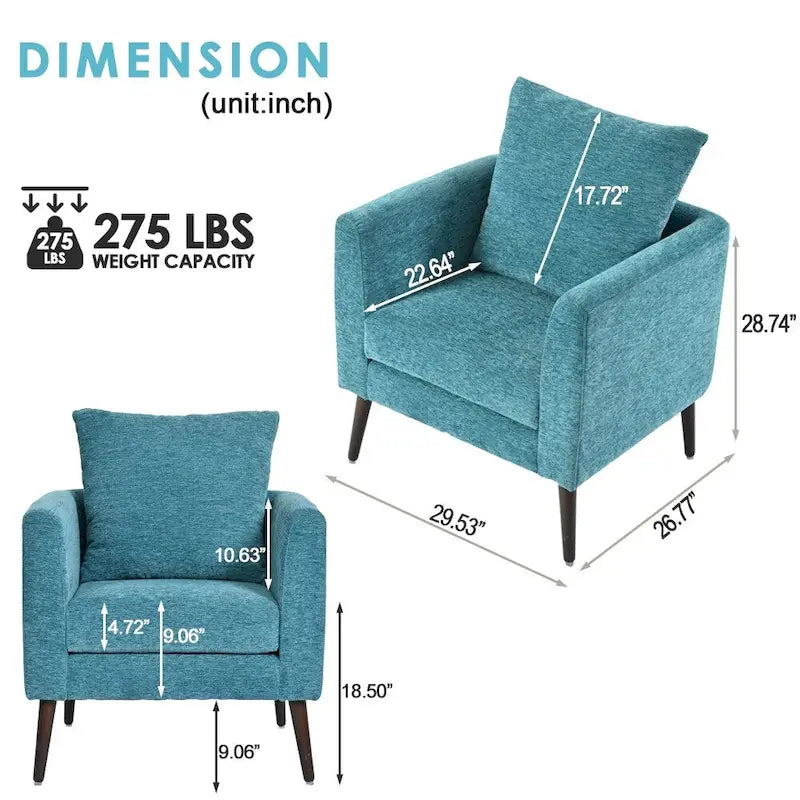 Fauteuil moderne de 26,77 po rembourré avec accoudoirs, pieds en bois massif et coussin lombaire
