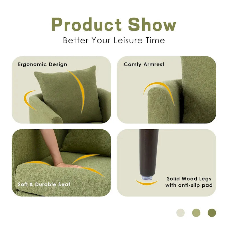 Fauteuil moderne de 26,77 po rembourré avec accoudoirs, pieds en bois massif et coussin lombaire