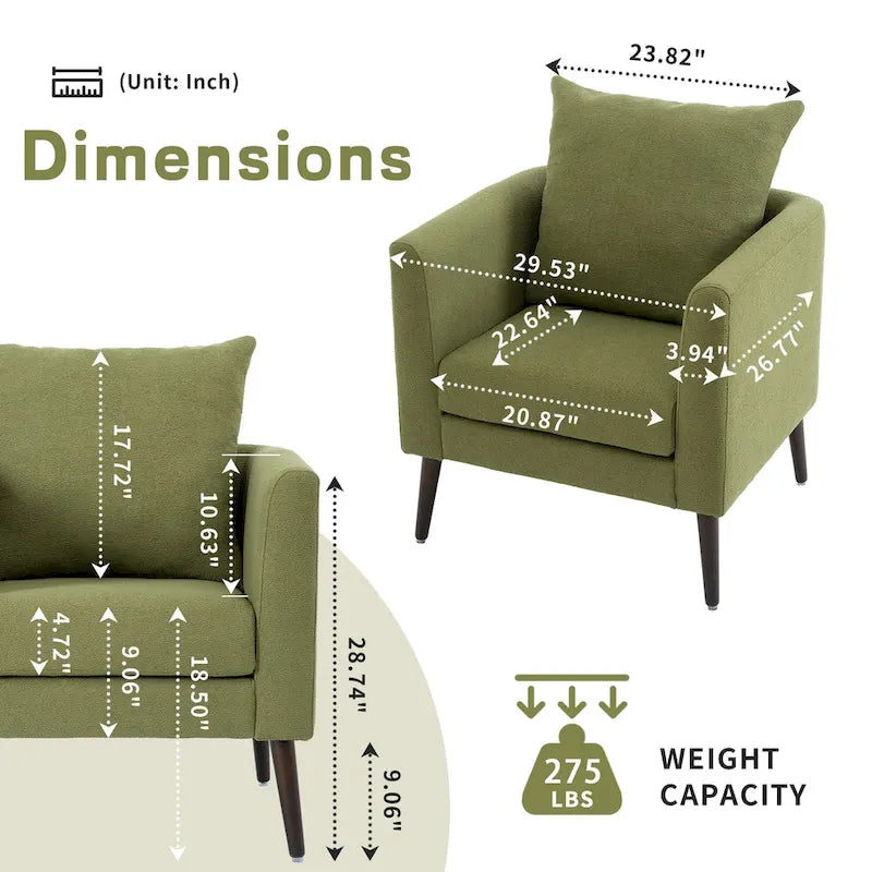 Fauteuil moderne de 26,77 po rembourré avec accoudoirs, pieds en bois massif et coussin lombaire
