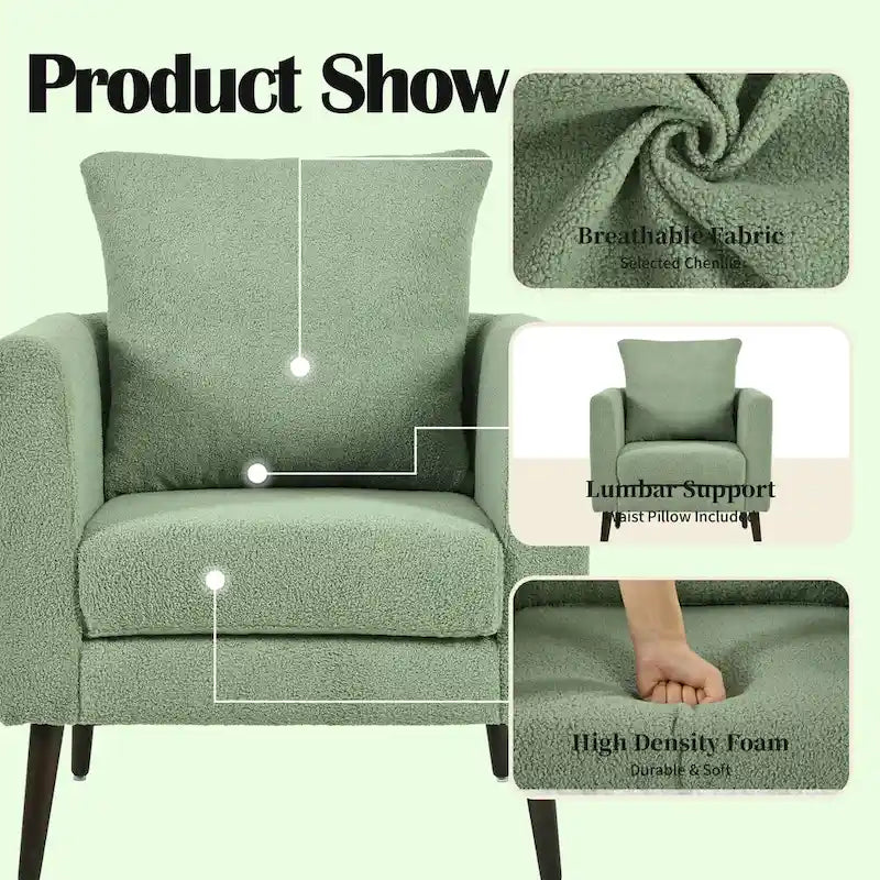 Fauteuil moderne de 26,77 po rembourré avec accoudoirs, pieds en bois massif et coussin lombaire