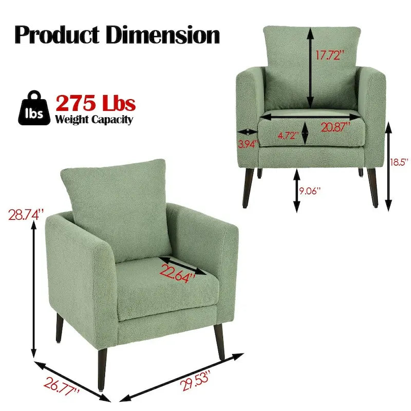 Fauteuil moderne de 26,77 po rembourré avec accoudoirs, pieds en bois massif et coussin lombaire