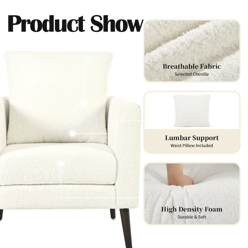 Fauteuil moderne de 26,77 po rembourré avec accoudoirs, pieds en bois massif et coussin lombaire